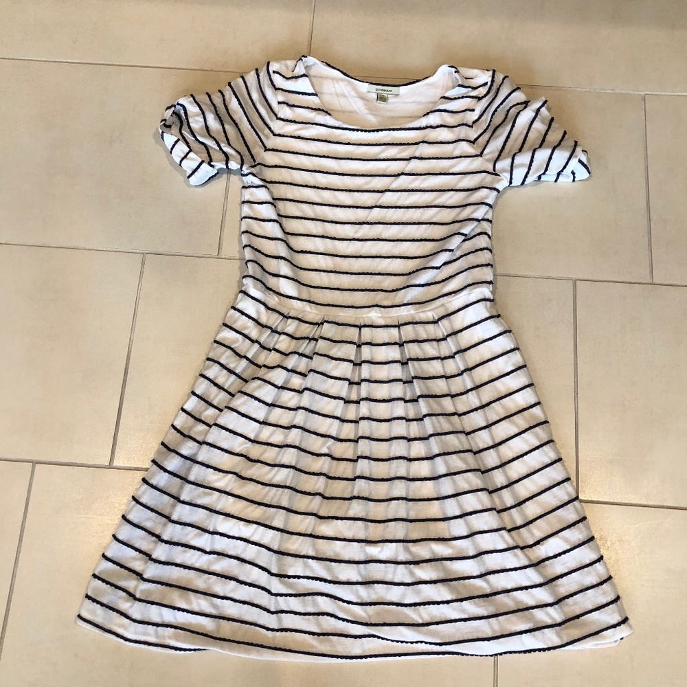 Anthropologie white stripe dress blue lace accents